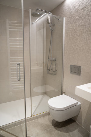 Modern bathroom interior showing glass shower cabin with rain shower head, adjacent wall-hung...