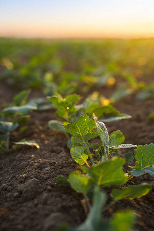 Close-up of young rapeseed plant growing in cultivated soil during golden hour, oilseed agriculture...