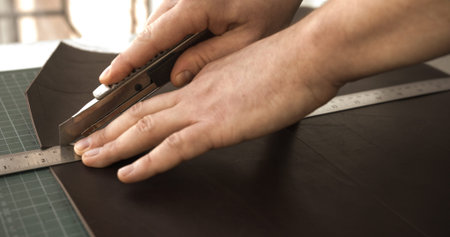 Cutting leather with utility knife and ruler
