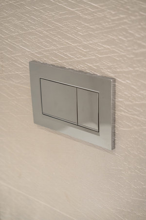 Chrome dual flush plate with two rectangular buttons mounted on a light textured wall, providing a...