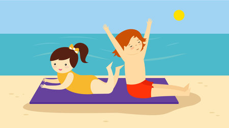 Children's are sunbathing on the beach on a rug near the sea. Sunbathing in summer.のイラスト素材