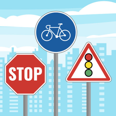 Road stop signs, bike path and traffic lightのイラスト素材