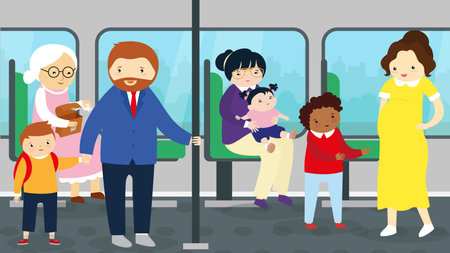 Adults and children travel by public transportのイラスト素材