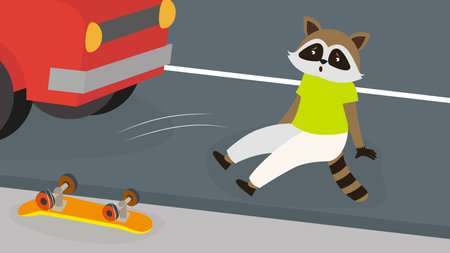 The raccoon fell off the skateboard onto the road in front of the carのイラスト素材