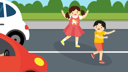 Boy and girl crossing the road in the wrong placeのイラスト素材