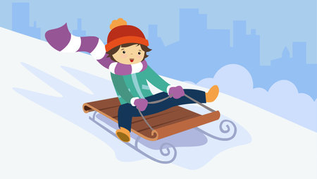 Little boy rides on a sled in the winter. Vector illustration.のイラスト素材