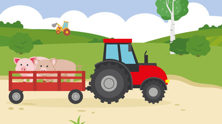 Tractor carrying pigs in a trailerのイラスト素材
