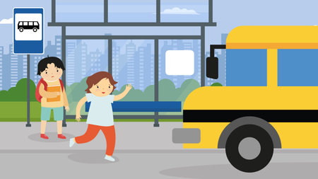 Back to school concept. Vector illustration in flat style. School bus and children.のイラスト素材