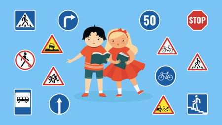 Vector illustration of children with road signs on blue background, flat styleのイラスト素材