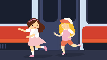 cute little girls running in the subway vector illustration designicon imageのイラスト素材