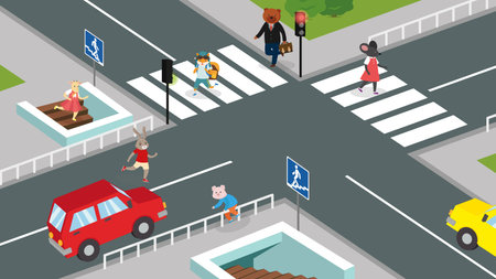 Animals crossing the street at crosswalk, isometric vector illustration.のイラスト素材