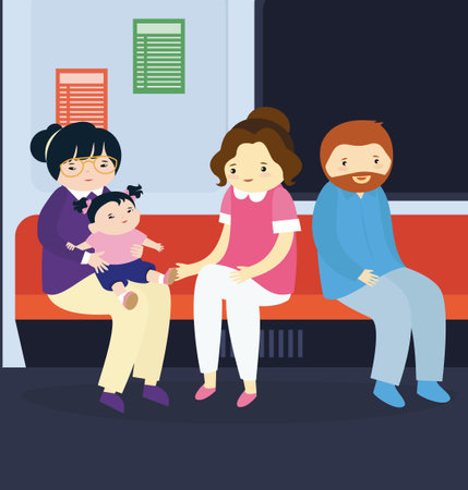 Adults and a little girl ride the subwayのイラスト素材