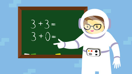 Astronaut pointing at blackboard. Vector illustration in cartoon styleのイラスト素材