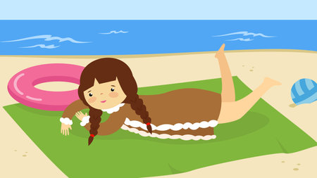 Girl laying on the beach on the rug. Vector illustration.のイラスト素材