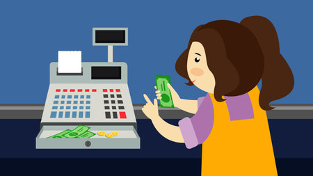 Cashier at cash register counting money. Vector illustration in flat styleのイラスト素材