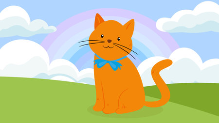 Cute orange cat sitting on the green meadow. Vector illustration.のイラスト素材