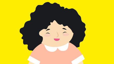Illustration of a cute little girl with curly hair on a yellow backgroundのイラスト素材