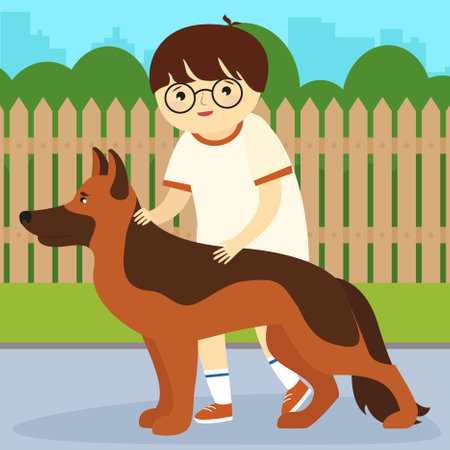 Cute boy playing with a dog. Vector illustration in cartoon styleのイラスト素材