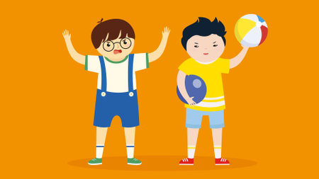 Boy and girl playing volleyball. Vector illustration in flat cartoon style.のイラスト素材