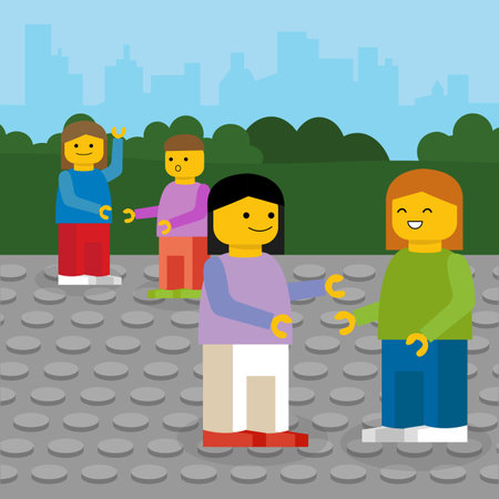 Family walking in the park. Vector illustration in flat cartoon lego style.のイラスト素材