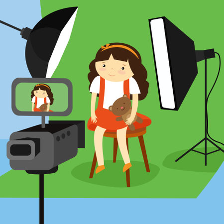 Cute little girl with cat in the photo studio. Vector illustrationのイラスト素材