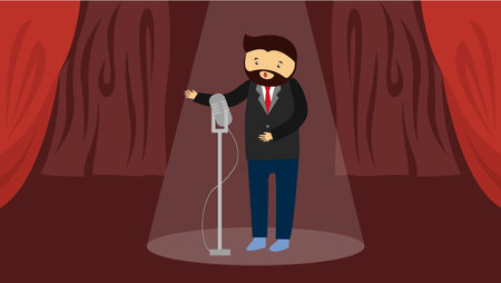 Illustration of a man singing into a microphone in a theater.のイラスト素材