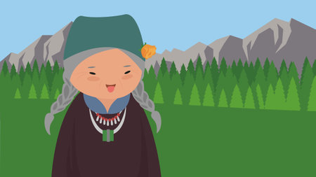 Vector illustration of a cute girl in a national costume in the mountainsのイラスト素材