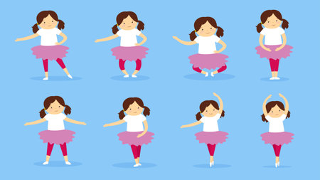 set of cute little girls dancing ballet in different poses vector illustration designのイラスト素材