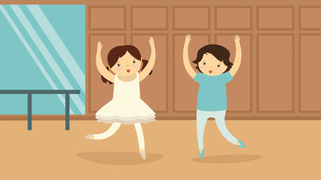 Boy and girl dancing ballet in school. Vector illustrationのイラスト素材