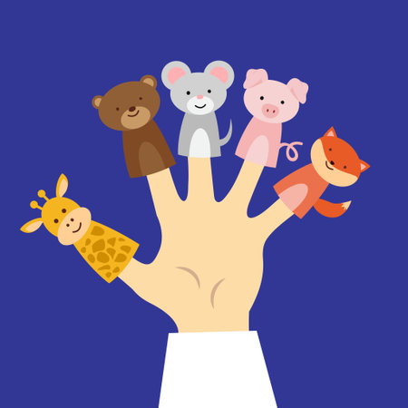 Hand holding animals. Flat style vector illustration. Isolated on blue background.のイラスト素材
