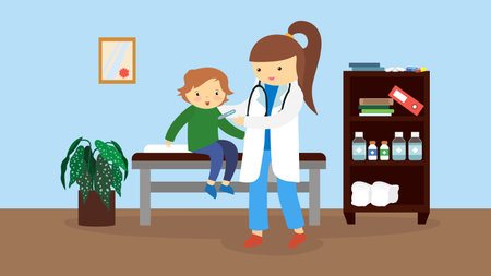 Doctor and little girl in clinic. Vector illustration in flat style.のイラスト素材