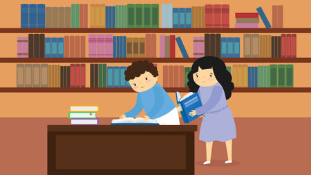 girl and boy reading books in library, vector illustrationのイラスト素材