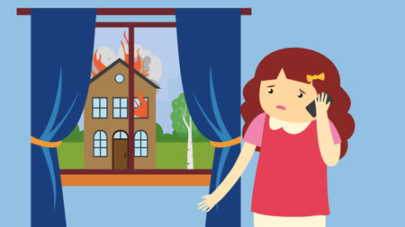 A girl talking on the phone in front of a burning house, vector illustrationのイラスト素材