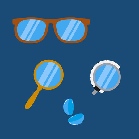 Eyeglasses and magnifying glass icons set. Vector illustration in flat styleのイラスト素材