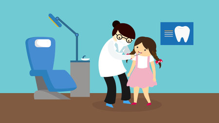 Dentist and little girl in dental office. Vector illustration.のイラスト素材