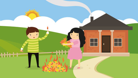 Family in front of their house made a bonfire. Vector illustration in flat style.のイラスト素材