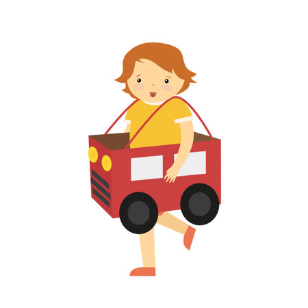 Cute little boy with toy truck, flat vector illustration isolated on white background.のイラスト素材