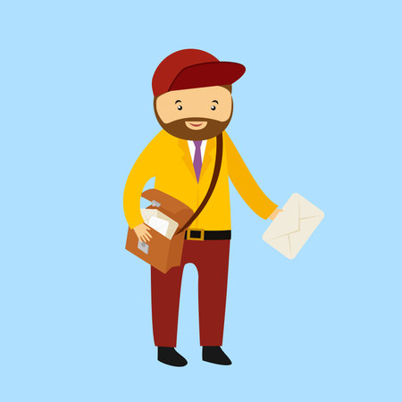 Delivery man with parcel and envelope. Vector illustration in flat style.のイラスト素材