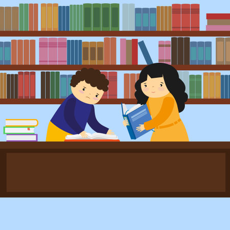 Boy and girl reading books in library. Vector illustration in flat styleのイラスト素材