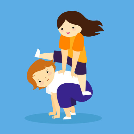 The girl climbs on the boy's back. Flat design vector illustration.のイラスト素材