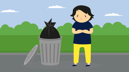 Vector illustration of a boy throwing garbage in the trash can. The concept of environmental pollution.のイラスト素材