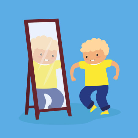 Boy in front of a mirror. Vector illustration in flat style.のイラスト素材