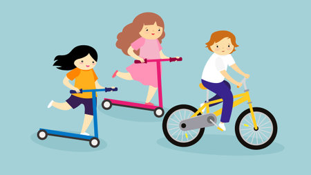Children riding a scooter. Vector illustration in flat style on blue background.のイラスト素材