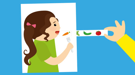 Illustration of a girl Eating Vegetables with a forkのイラスト素材
