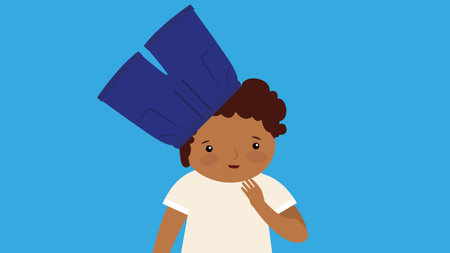 Illustration of a black boy with blue shorts on his headのイラスト素材