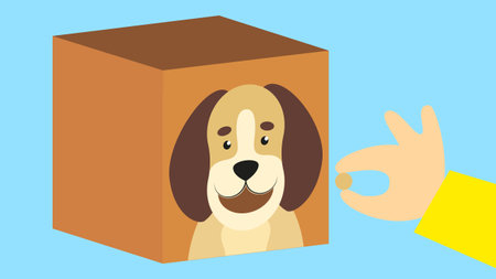 Cute dog in a box. Vector illustration in flat style.のイラスト素材