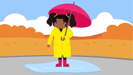 Cute African American girl in raincoat and rubber boots with umbrella.のイラスト素材