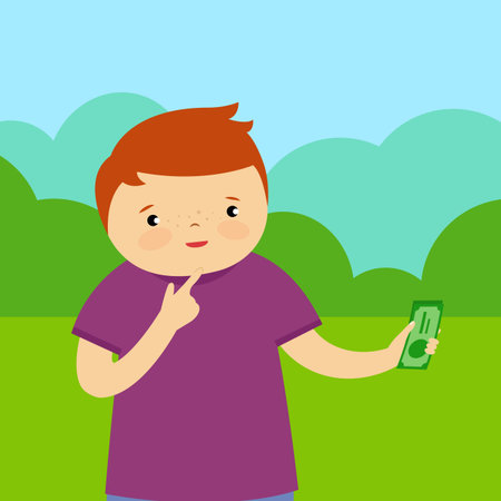 Boy with smartphone in hand. Vector illustration in flat style on green background.のイラスト素材