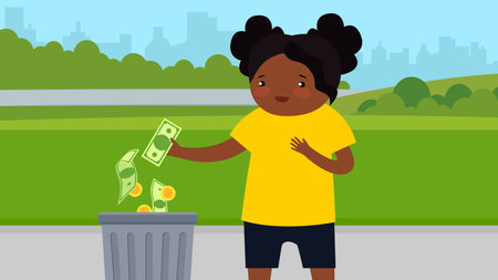 African American girl throws money into a trash can. Vector illustration.のイラスト素材