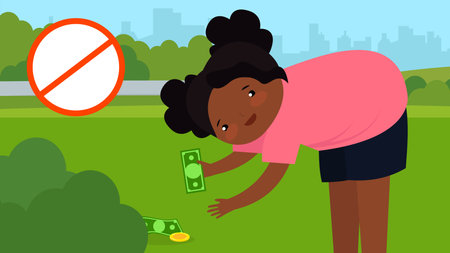 Girl picks up money in the park. Vector illustration in flat styleのイラスト素材